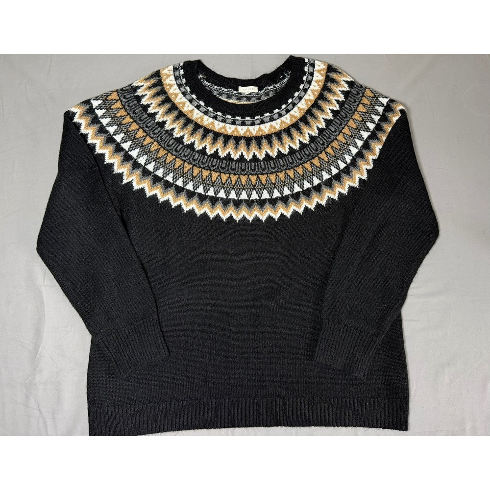 Talbots Womens XL Black Fair Isle Yoke Knit Sweater Long Sleeve Pullover Winter